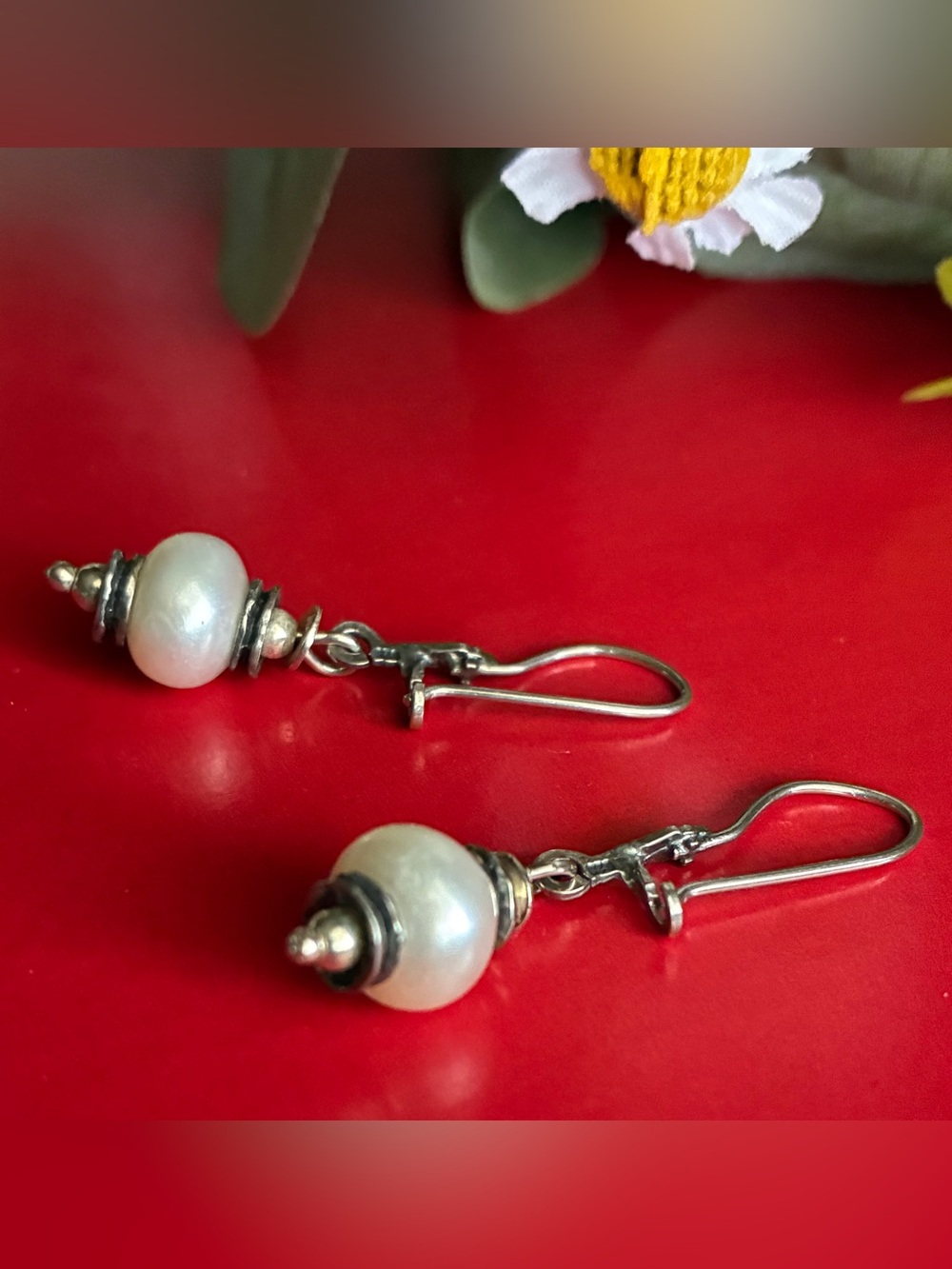 925 Silver Earrings,Classic White Pearl Drop Earrings - Silver Accent - Picture 3 of 5